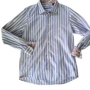Robert Graham Shirt Boys Large 14-16 Long Sleeve Blue White Striped Button Up.E